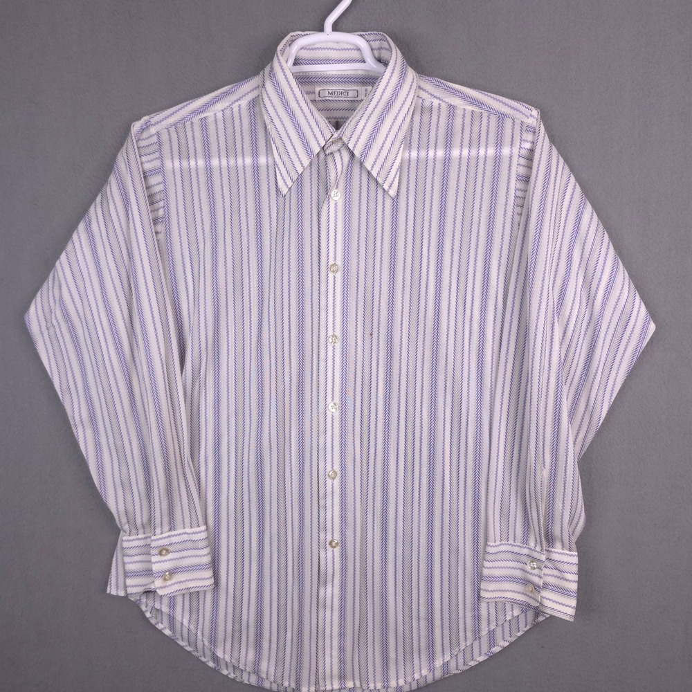 Medici Vintage 70s Mens White Herringbone Stripe Arnel Triacetate Shirt 16.5-33